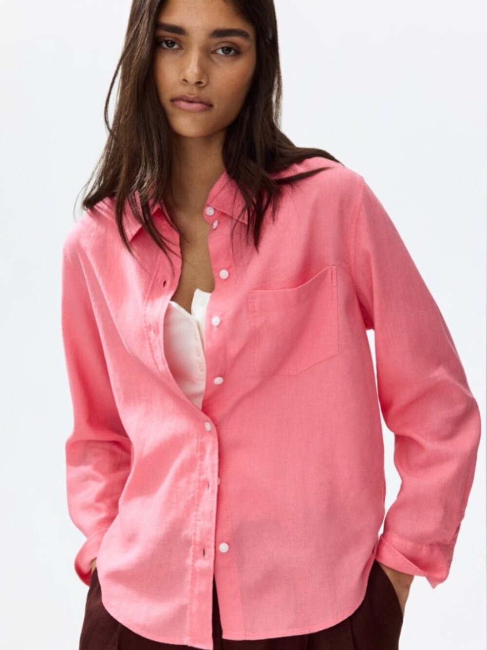 H&M Premium Selection Linen-Blend Pink Button Down Long Sleeve Shirt Size Large